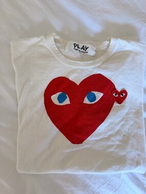 Comme des Garçons PLAY White Tee with Red Heart and Blue Eye Detail